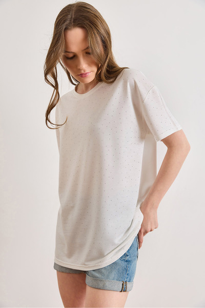 Olalook Women's White Crew Neck Sequined Drapey T-Shirt Tsh-19000951