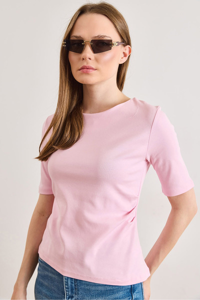 Olalook Ženska ružičasta majica sa tri četvrtine rukava i bočnim draperijom P...