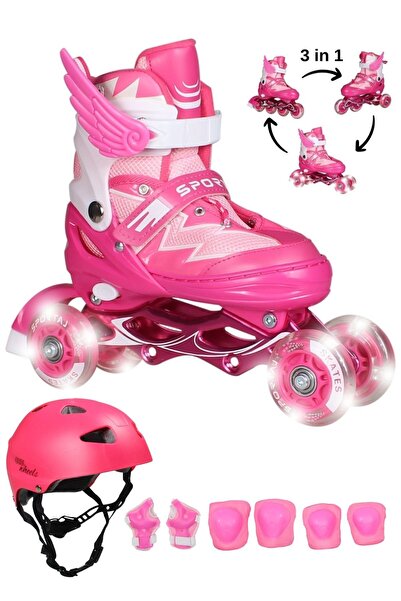 Saule Işıklı Silikon Tekerli Paten Kask Dizlik Dirseklik Setli Kız Erkek Çocu...