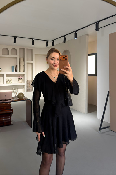 Sezgi Tekin Special Series Ruffled Knitted Tulle Black Asymmetrical Dress