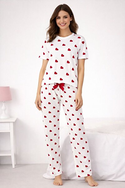 moda paketi White Heart Patterned Women's Viscose Pajama Set – Short Sleeve T...