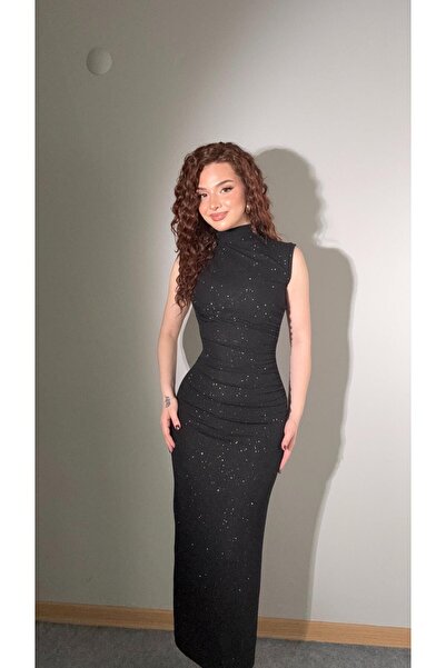 AYŞENUR DİNÇER Simli Drapeli Sıfır Kol Elbise Siyah