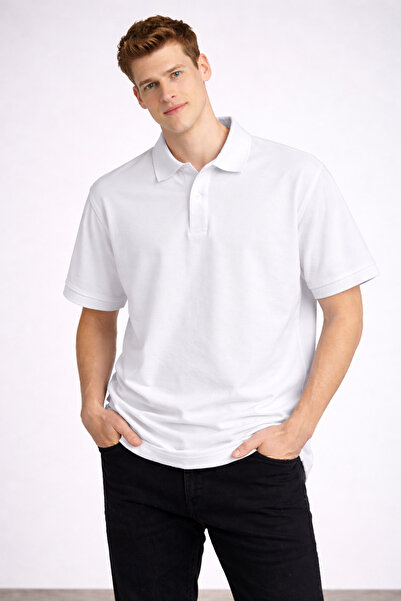 COMBİNE MİCHAİL Ανδρικό μπλουζάκι με λαιμόκοψη πόλο σε χαλαρή γραμμή, λευκό, ...