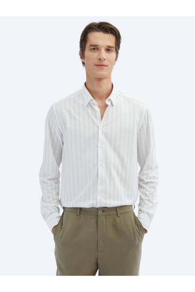 Kip Light Beige Striped Regular Fit Casual Cotton Blended Shirt