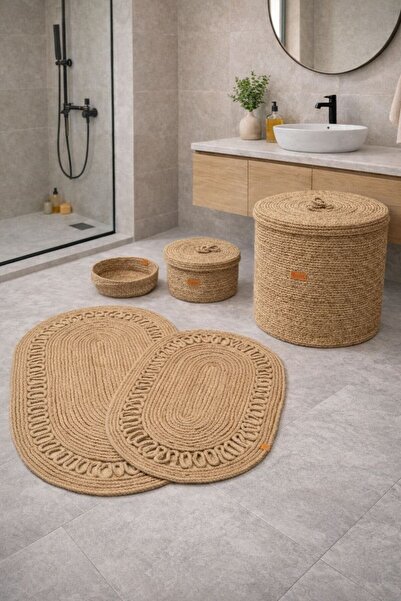 SURENO Jute Wicker Bathroom set, 40 x 45 laundry basket, Bath mat, vanity bas...
