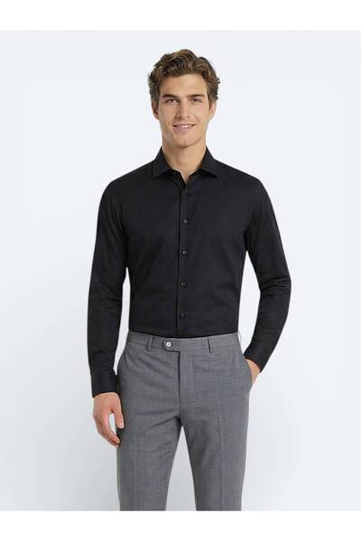 Kip Cămașă neagră, simplă, slim fit, țesută clasică 100% bumbac