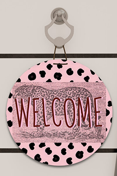 Dormot Modern Kapı Süsü - Leopar Desen Pembe Welcome - Dijital Ahşap Baskı - ...