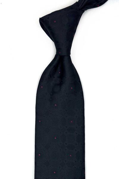 Kravatkolik Black Motif Pattern Classic Tie with Handkerchief Kk13599