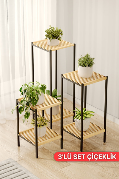 Bino 3'lü Metal Çiçeklik Saksı Standı 2 Katlı Dekoratif Bitki Standı 50 70 90...