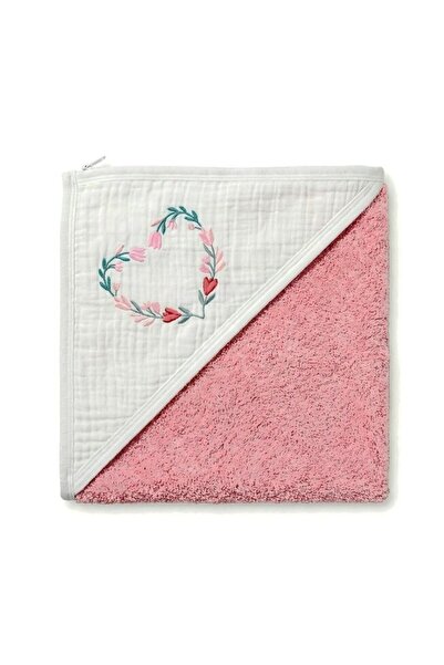 PRICHINDEL Hooded Towel, Heart, Muslin and Cotton, Pink, 80x100 cm