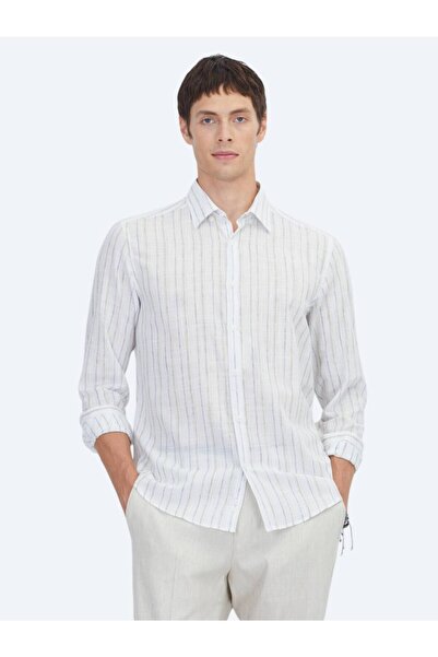 Kip Navy Blue Striped Regular Fit Woven Casual Cotton Blended Shirt