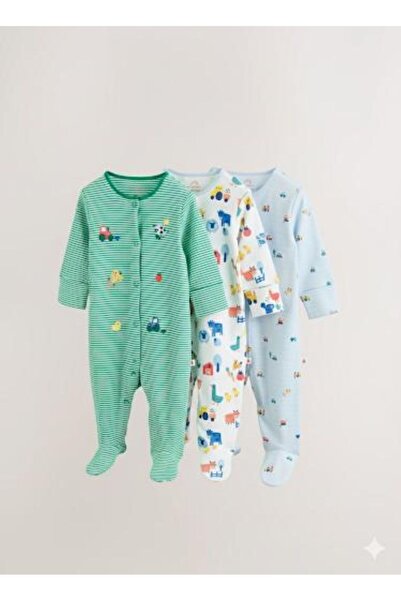 Next Baby Pamuklu Yeşil Hayven Desenli 3'lü Tulum Set