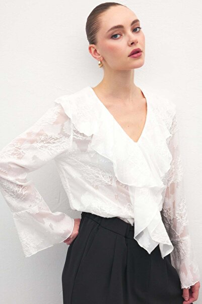 Sateen Ruffle Detail Embroidered Shirt - Ecru