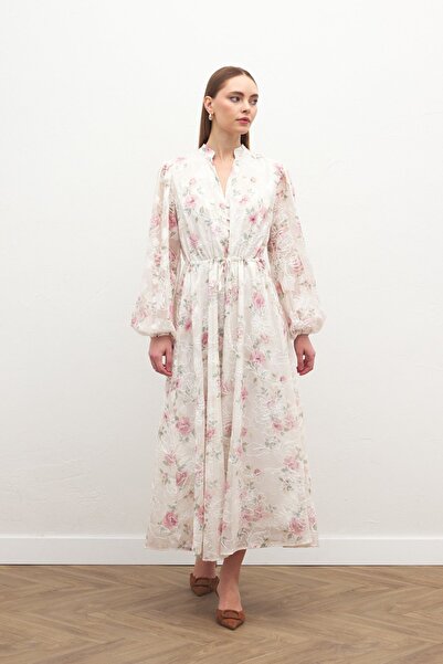 Sateen Embroidered Patterned Long Dress - Powder