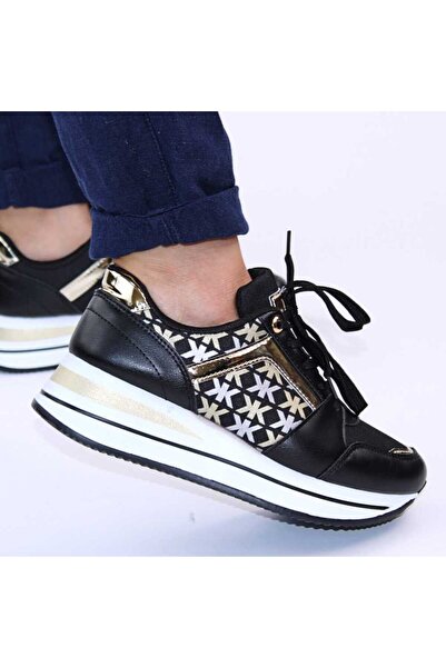 mm Women's casual sneakers, with platform and gold inserts 28706-BLACK/GOLD