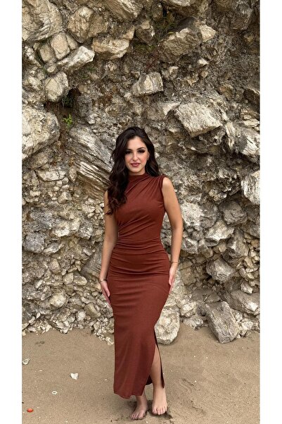 AYŞENUR DİNÇER Simli Drapeli Sıfır Kol Elbise Kiremit