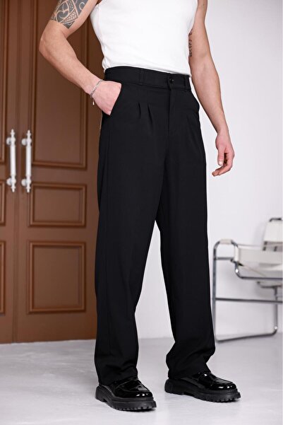 mrmubomen Erkek Baggy Kumaş Pantolon Siyah