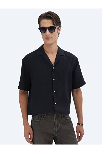 Kip Siyah Düz Oversize Fit Dokuma Casual Gömlek