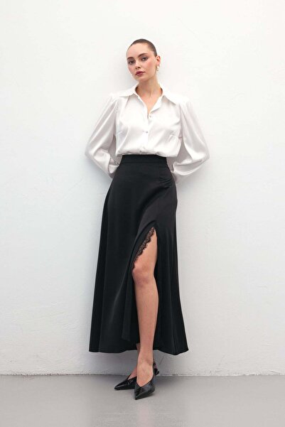 Sateen Lace Detailed Satin Skirt - Black