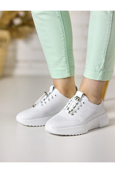 Tellus Women's White Genuine Leather Casual Sneakers, Trendy & Comfort, JS703-2