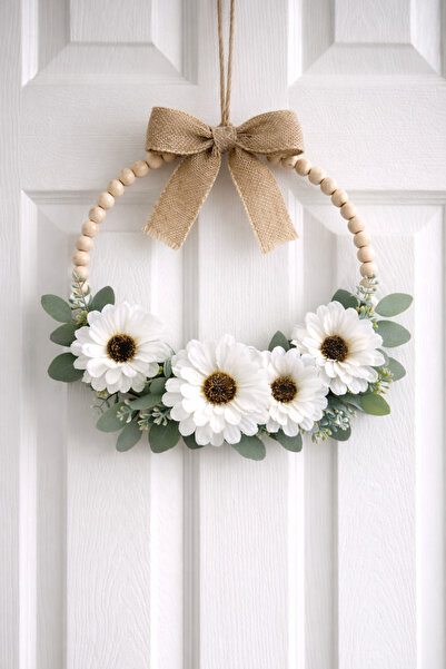 ecrella Ahşap Boncuklu Papatya Kapı Süsü – Jüt Kurdeli Doğal Bahar Kapı Dekor...