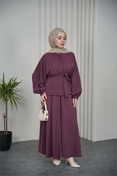 Dipmoda Women's Burgundy Pleated Belt Detailed Double Hijab Set Dpvq3137
