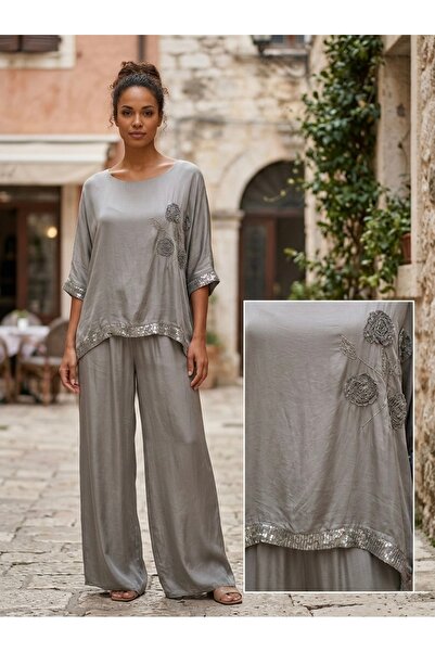 Rabiossa Women's Blouse Pants Silk Set