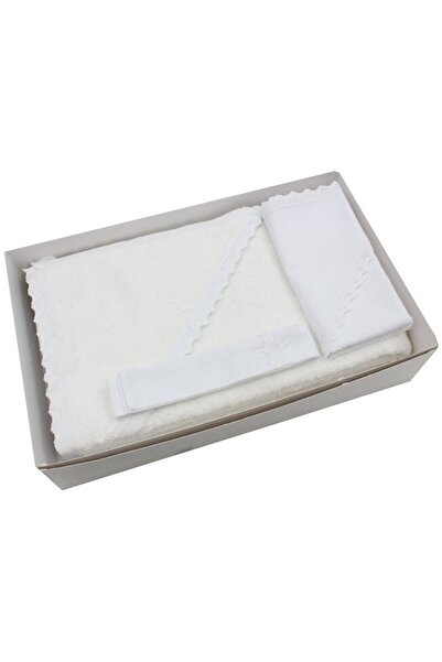 PRICHINDEL Set botez, pânză Mir, bandă și prosop, Delia cu dantelă, bumbac, alb