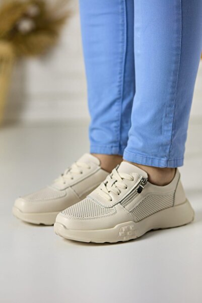 Tellus Women's Beige Genuine Leather Casual Sneakers, Trendy & Comfort, FL965-3