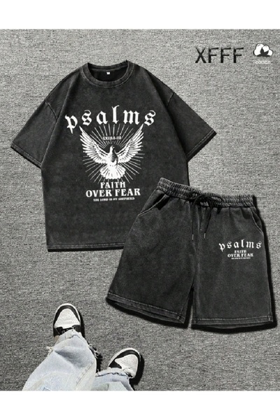 PENTHİLUS Acid-Washed Double Set - Washed Oversized Shorts and T-Shirt Set