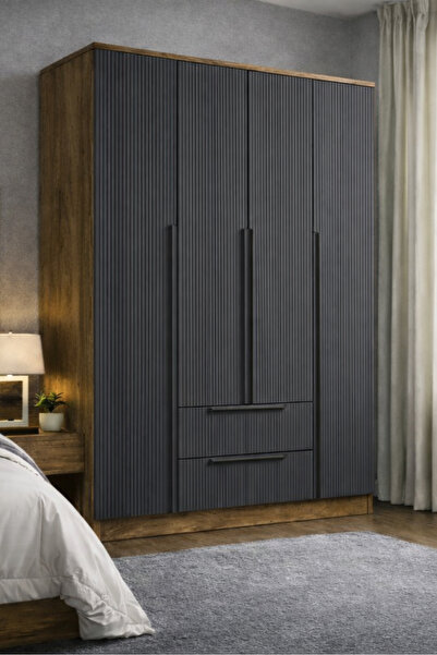 MOBİLİQUE Nova No.3 Dört Kapaklı İki Çekmeceli 10Raflı Gardırop Çam-Antrasit