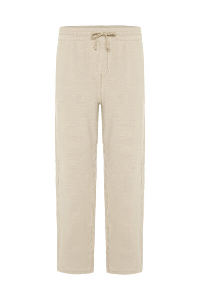 Mudo Men's Beige Color Straight Fit Textured Tie-Waist Trousers