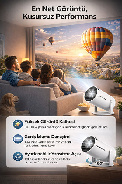 HARVOX HY300 Pro+ Projeksiyon Cihazı Taşınabilir Android Sistemli Wifi HDMI USB Destekli Projektör