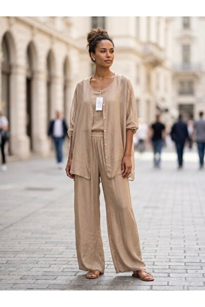 Rabiossa Women's Blouse Pants Silk Set