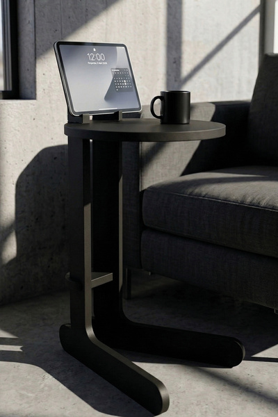 MiniVagon Siyah C Sehpa Koltuk Yanı Tablet ve Telefon Standlı Yan Sehpa Lapto...