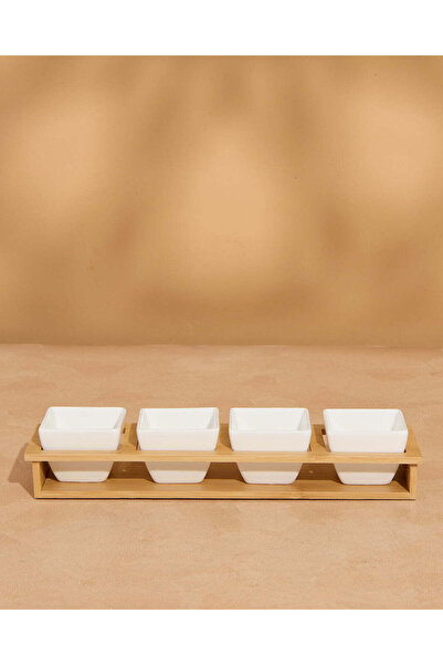 REDTAG White Plain Square Bowl With Bamboo Tray (5 Piece)