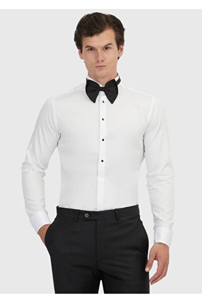 Ramsey Cămașă smoking albă, simplă, cu slim fit manșete duble