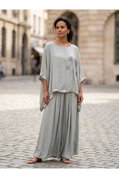 Rabiossa Women's Blouse Pants Silk Set