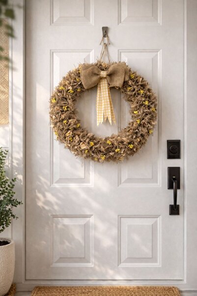 zeynep süs ev Sarı Fiyonklu Hasır Kapı Süsü Dekoratif Kapı Çelengi