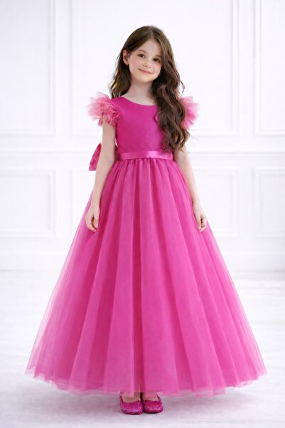 MadyaButik Κοριτσίστικο Φούξια Φόρεμα Πριγκίπισσας Τούλι τεμαχίων – Μανίκια μ...