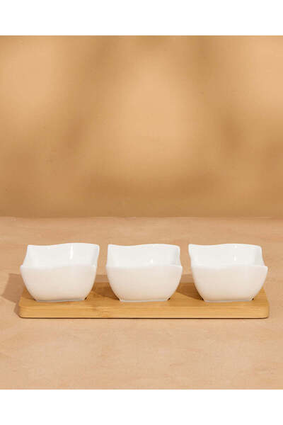 REDTAG White Plain Square Bowl With Bamboo Tray (4 Piece)
