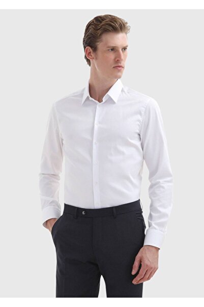 Ramsey Beyaz Düz Super Slm Fit Dokuma Klasik %100 Pamuk Gömlek