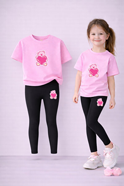 VODEXA Girl's Set T-Shirt and Stretchy Leggings Set 100% Cotton Heart Bear Pr...