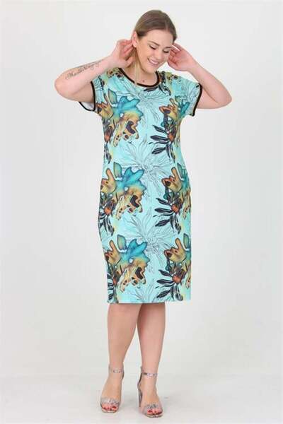 Dipmoda Women's Blue Patterned Plus Size Summer Viscose Dress Dpaysl36