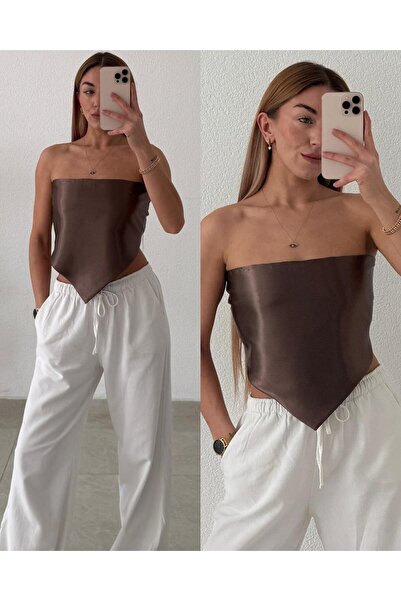 pelish Straplez Sırt Dekolteli Saten Crop