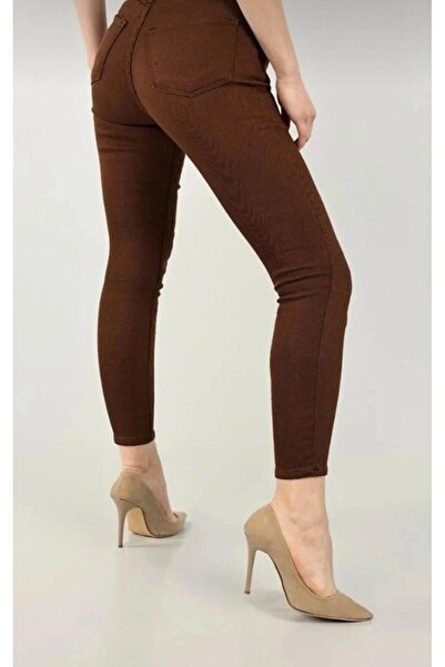 LA TUBA New Season High Waist Lycra Tight Fit Skinny Fit Brown Women's Jeans