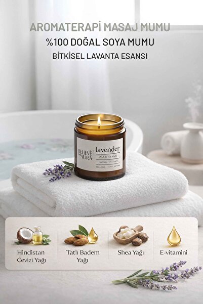 Believe Your Aura Lavanta Kokulu Masaj Mumu - %100 Saf ve Doğal Hindistan Cev...