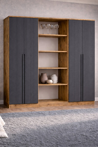 MOBİLİQUE Nova No.6 Dört Kapaklı 6Raflı Gardırop Çam-Antrasit
