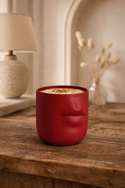 Anadolu Saray Ceramic Coffee Mug with Red Lip Design – Modern Artistic Decora...