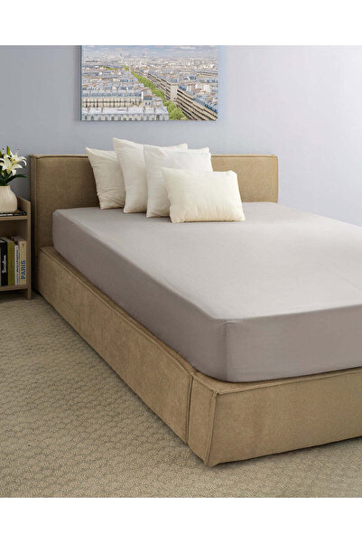 REDTAG Grey Plain Cotton Fitted Sheet (Queen Size)